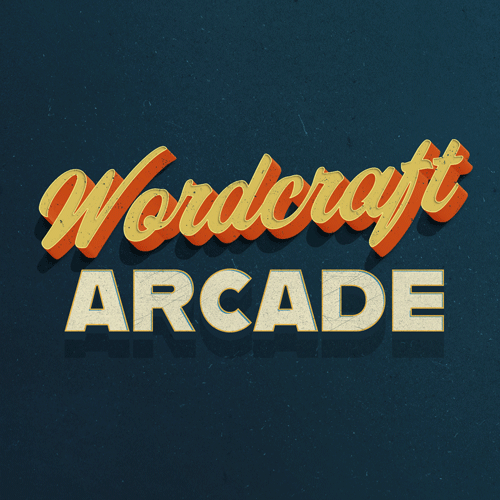 A graphic with the title “Wordcraft Arcade” displayed in retro-style font. The word “Wordcraft” is written in an orange and yellow gradient with a shadow effect, while “Arcade” is written in a bold, cream-colored font. The background is dark blue with a subtle texture, giving it a vintage arcade feel. The overall design is reminiscent of classic arcade game branding, emphasizing a playful and nostalgic theme.